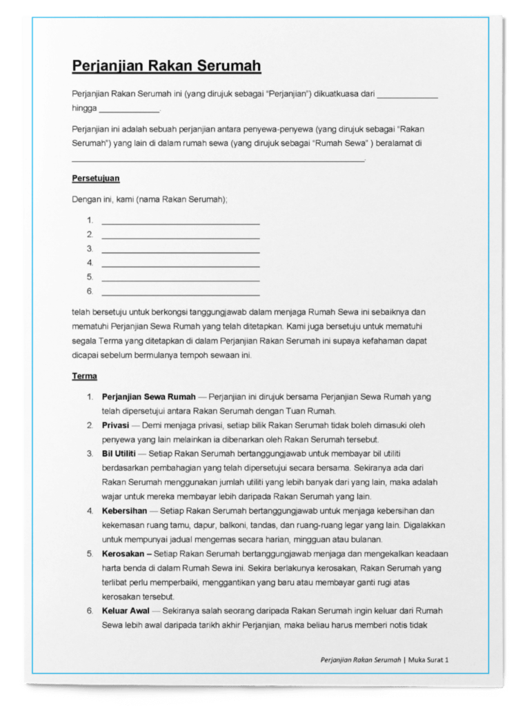 Template Perjanjian Rakan Serumah Percuma